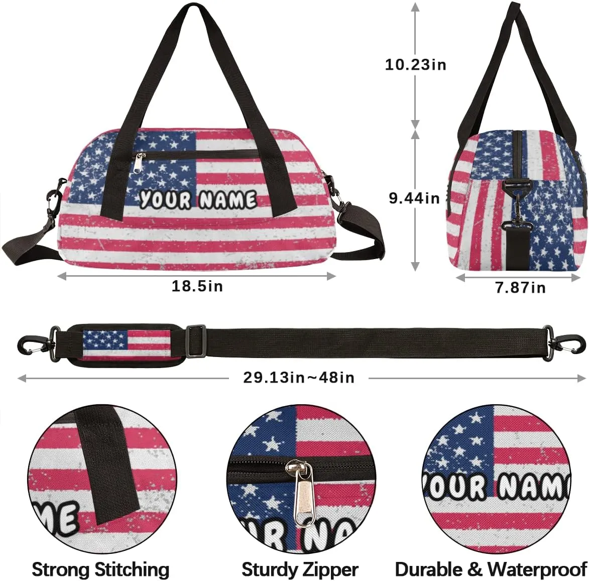Old America Flag Personalized Kids Duffel Bag for Girls Boys, Flag Debris Custom Name Dance Bag Overnight Small Duffel Bag Carry On Weekend Sports Travel Bag for School Practice Gymnastics Ballet