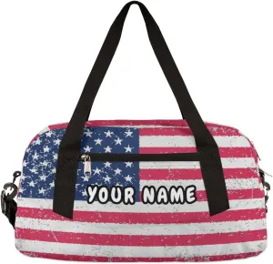 Old America Flag Personalized Kids Duffel Bag for Girls Boys, Flag Debris Custom Name Dance Bag Overnight Small Duffel Bag Carry On Weekend Sports Travel Bag for School Practice Gymnastics Ballet