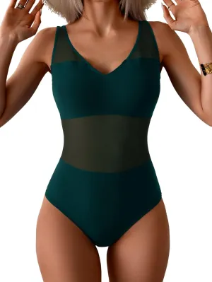 One Piece Swimsuit for Women Mesh Tummy Control Bathing Suit V Neck Slimming Swimwear