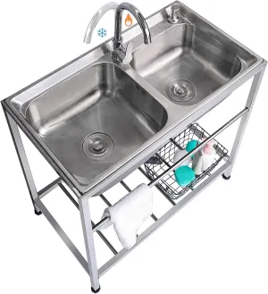 Outdoor Utility Sink Stainless Steel Double Bowl Sink Free Standing Commercial Restaurant Kitchen Sink with Hot and Cold Faucet for Laundry,Garage,Cafe Bar 32.7" x 17.3" x30.3"