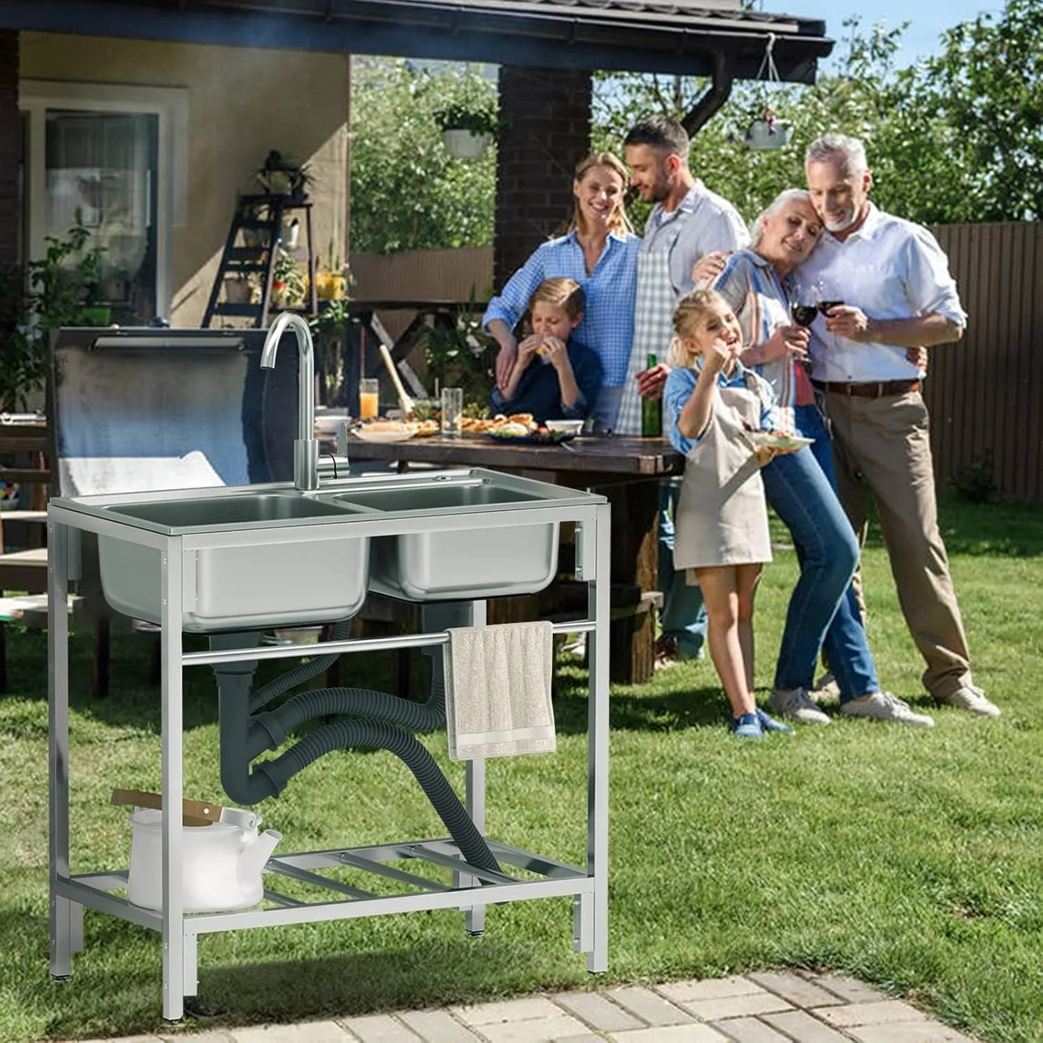 Outdoor Utility Sink Stainless Steel Double Bowl Sink Free Standing Commercial Restaurant Kitchen Sink with Hot and Cold Faucet for Laundry,Garage,Cafe Bar 32.7" x 17.3" x30.3"