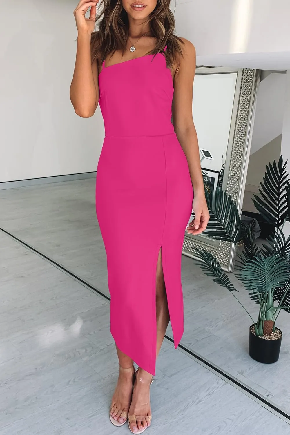 OWIN Women's Adjustable Spaghetti Straps Sleeveless High Waist Split Midi Bodycon Cocktail Party Dress