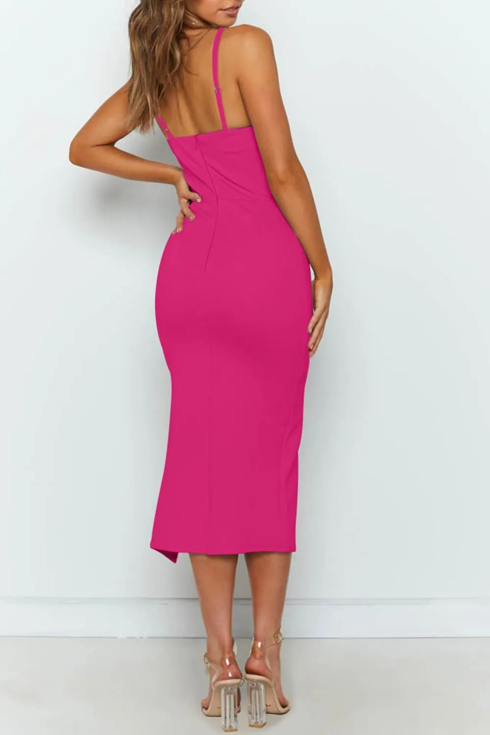 OWIN Women's Adjustable Spaghetti Straps Sleeveless High Waist Split Midi Bodycon Cocktail Party Dress