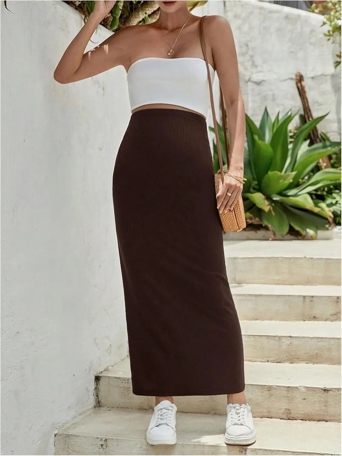OYOANGLE Women's Maternity High Waist Long Maxi Skirt Casual Solid Adjustable Skirts