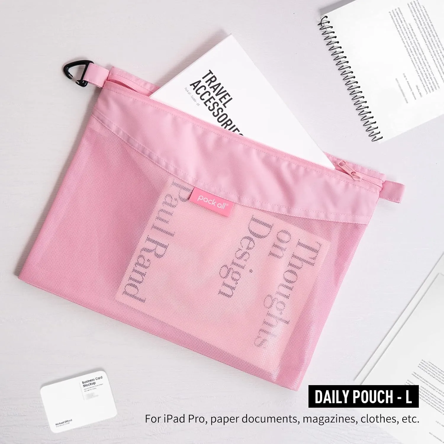 pack all Water-resistant Material Zipper Pouch, Mesh Zipper Bags for Storage, Travel, Office (Pink, Large)