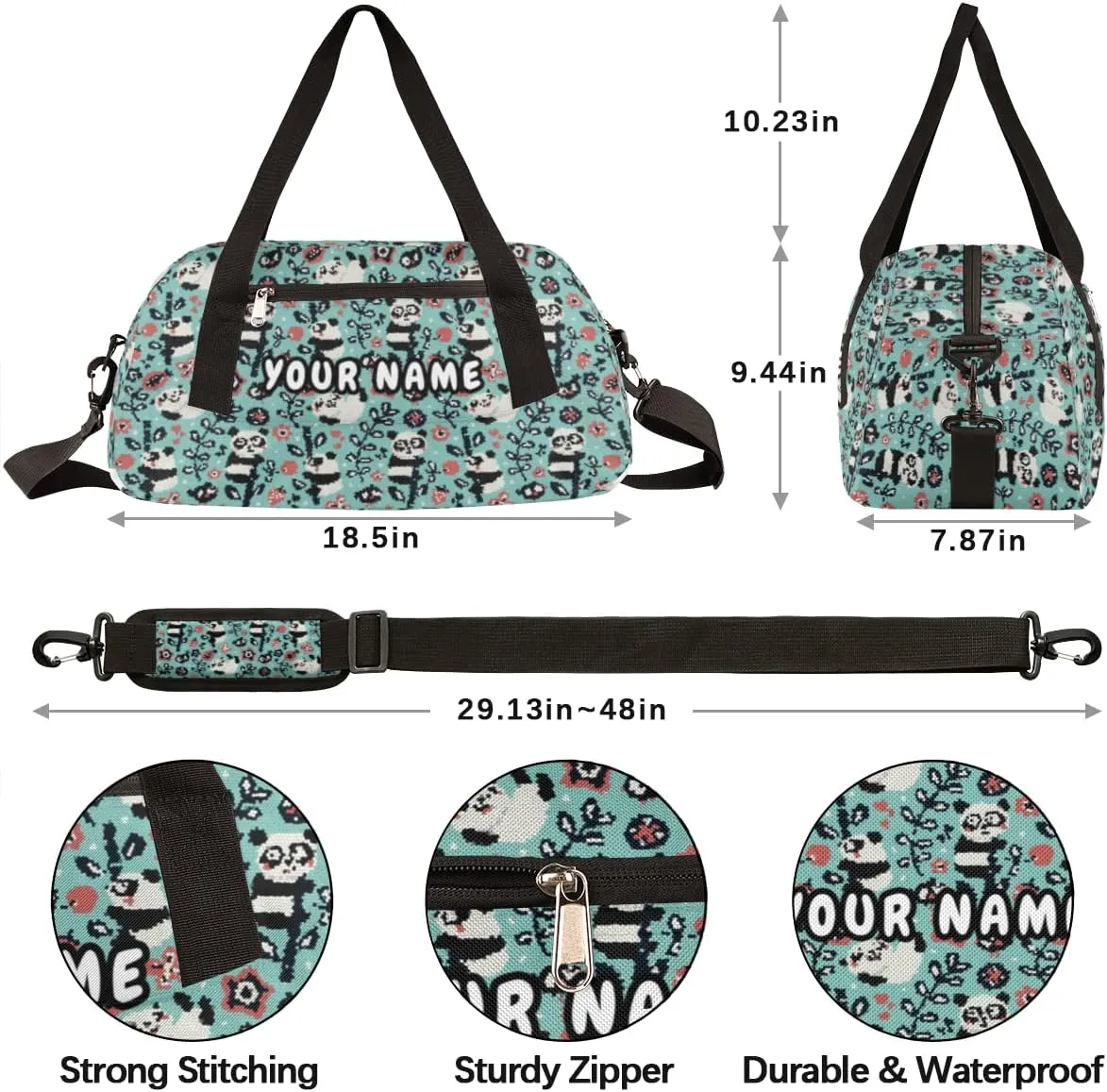 Panda Flower Personalized Kids Duffel Bag for Girls Boys, Panda Debris Custom Name Dance Bag Overnight Small Duffel Bag Carry On Weekend Sports Travel Bag for School Practice Gymnastics Ballet