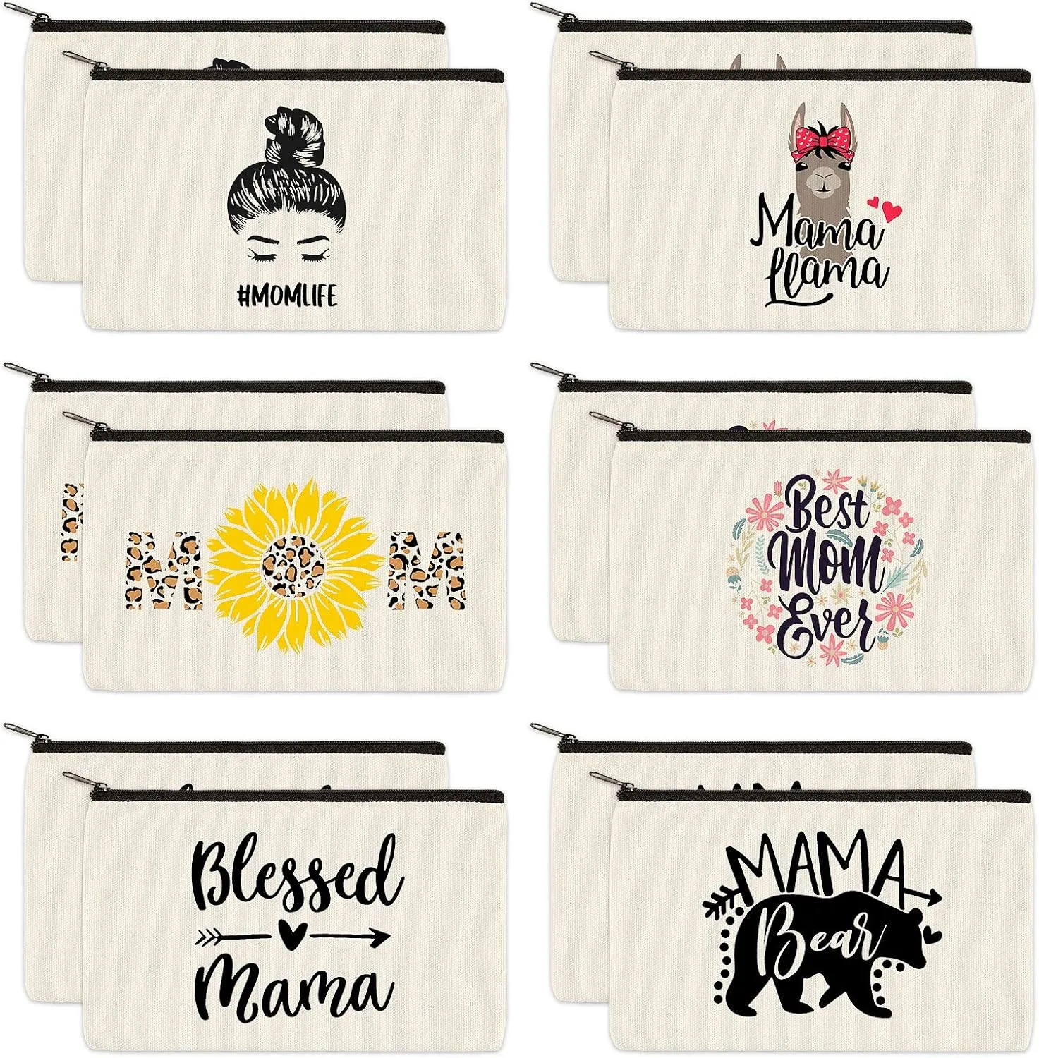 PARBEE 12 Set Mom Makeup Cosmetic Bag Canvas Zipper Pouches Toiletry Case for Mother's Day Gifts Women Birthday Best Mom Ever Mama Bear