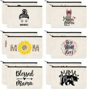 PARBEE 12 Set Mom Makeup Cosmetic Bag Canvas Zipper Pouches Toiletry Case for Mother's Day Gifts Women Birthday Best Mom Ever Mama Bear