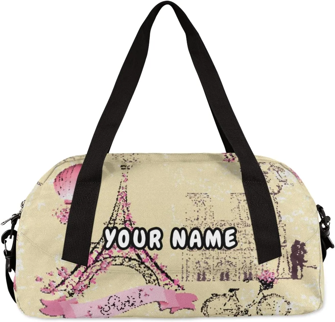 Paris Eiffel Tower Pink Painting Personalized Kids Duffel Bag for Girls, Tower Debris Custom Name Dance Bag Overnight Small Duffel Bag Carry On Weekend Travel Bag for School Practice Gymnastics Ballet