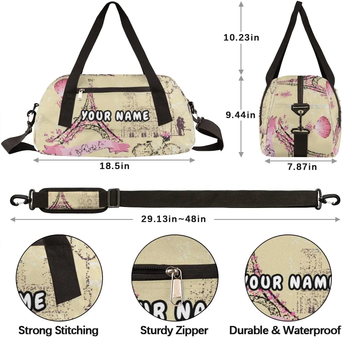 Paris Eiffel Tower Pink Painting Personalized Kids Duffel Bag for Girls, Tower Debris Custom Name Dance Bag Overnight Small Duffel Bag Carry On Weekend Travel Bag for School Practice Gymnastics Ballet