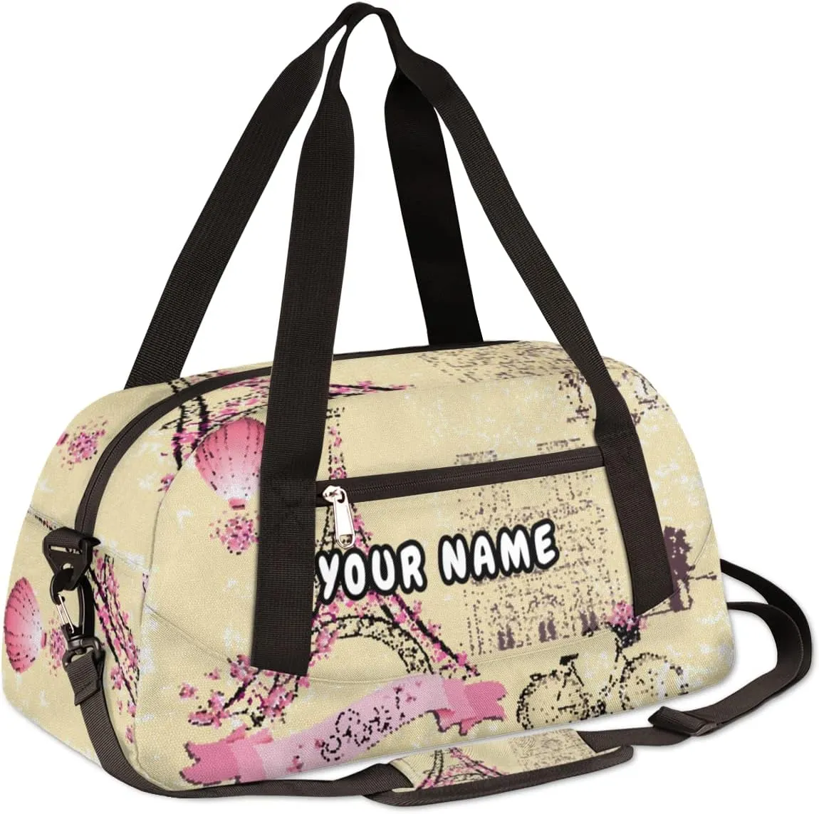 Paris Eiffel Tower Pink Painting Personalized Kids Duffel Bag for Girls, Tower Debris Custom Name Dance Bag Overnight Small Duffel Bag Carry On Weekend Travel Bag for School Practice Gymnastics Ballet