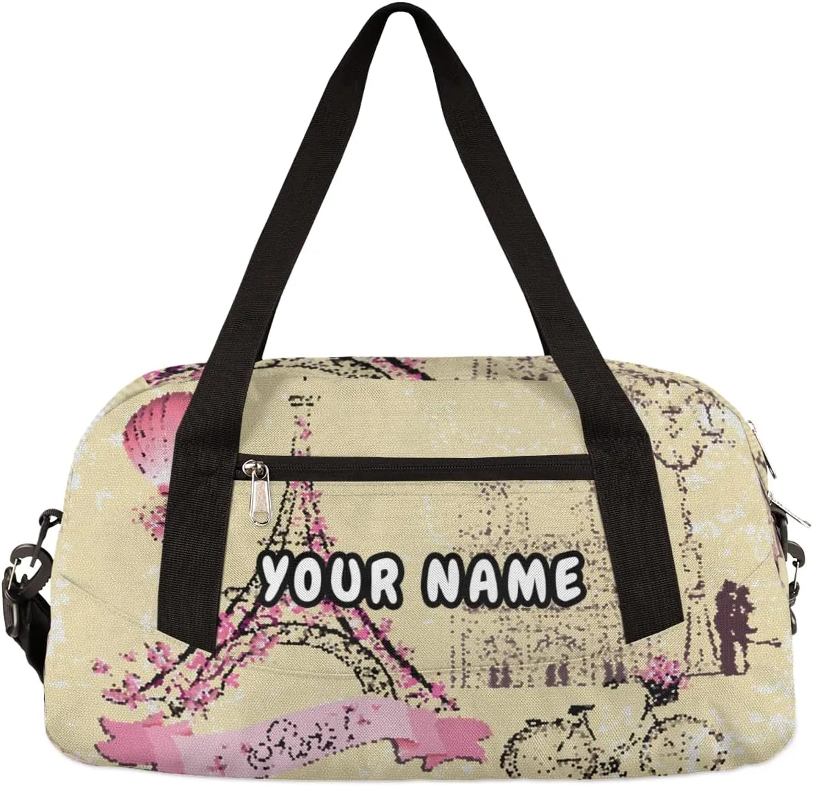 Paris Eiffel Tower Pink Painting Personalized Kids Duffel Bag for Girls, Tower Debris Custom Name Dance Bag Overnight Small Duffel Bag Carry On Weekend Travel Bag for School Practice Gymnastics Ballet