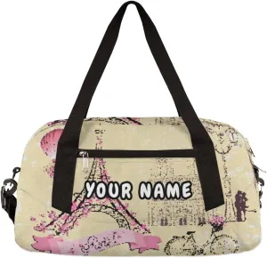 Paris Eiffel Tower Pink Painting Personalized Kids Duffel Bag for Girls, Tower Debris Custom Name Dance Bag Overnight Small Duffel Bag Carry On Weekend Travel Bag for School Practice Gymnastics Ballet
