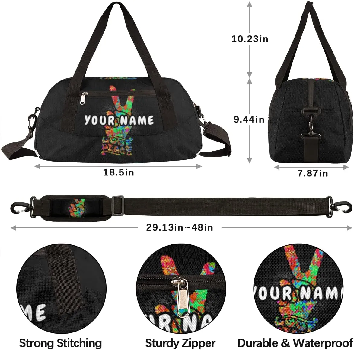 Peace Love Sign Mandala Personalized Kids Duffel Bag for Girls Boys, Peace Love Debris Custom Name Overnight Small Duffel Bag Carry On Weekend Sports Travel Bag for School Practice Gymnastics Ballet
