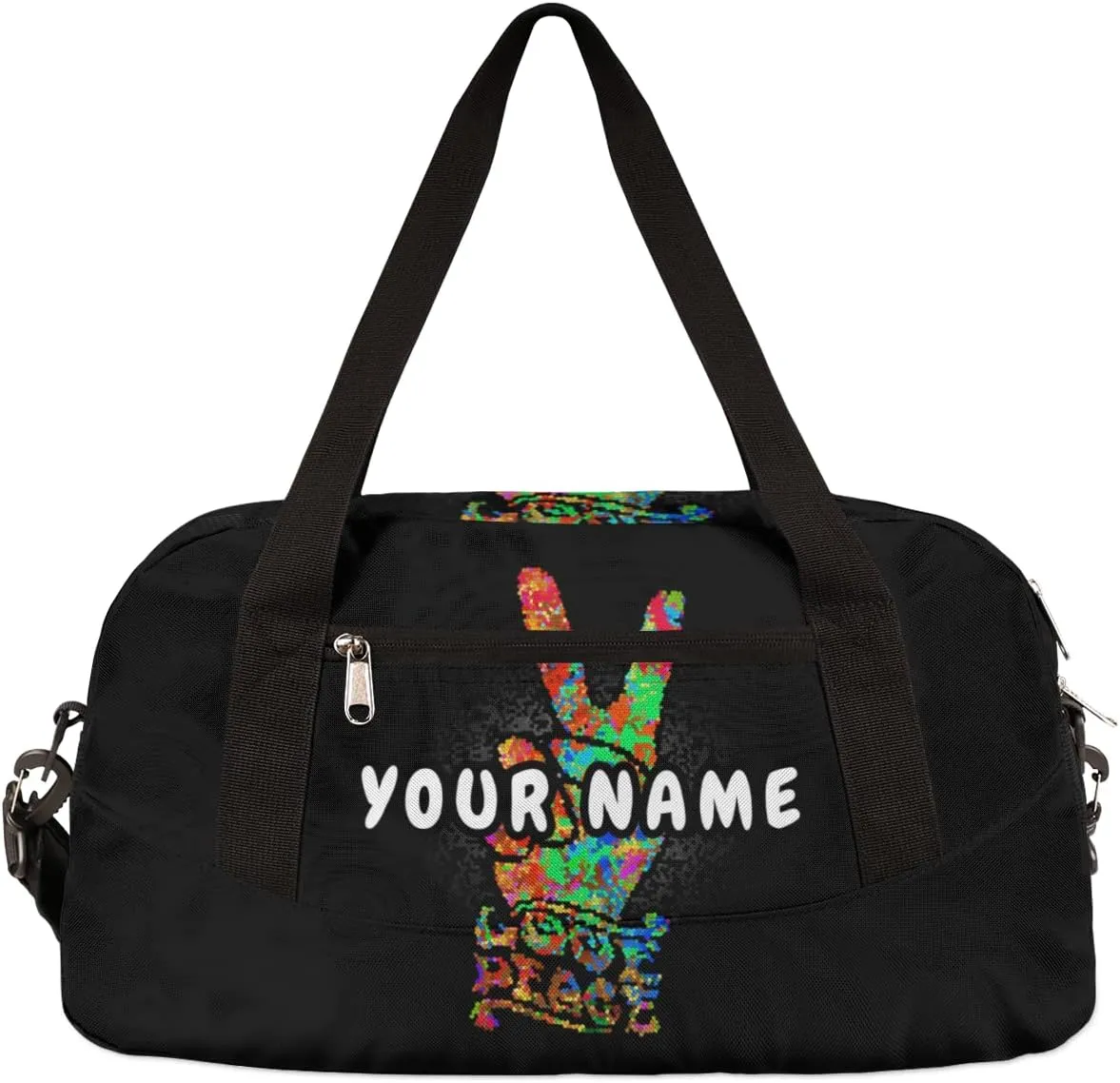 Peace Love Sign Mandala Personalized Kids Duffel Bag for Girls Boys, Peace Love Debris Custom Name Overnight Small Duffel Bag Carry On Weekend Sports Travel Bag for School Practice Gymnastics Ballet