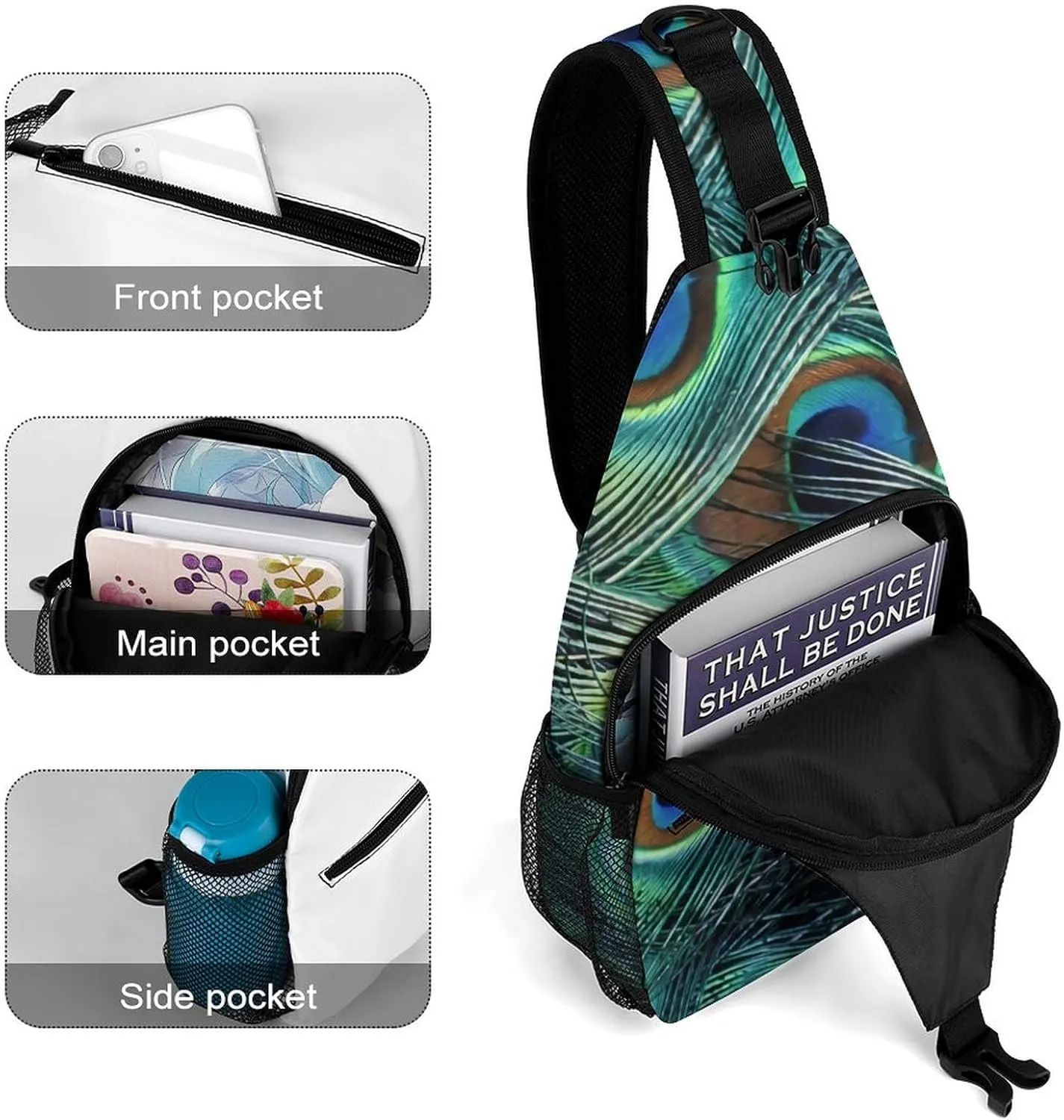 Peacock Feather A Spacious And Large Capacity Portable Adjustable Chest Bag