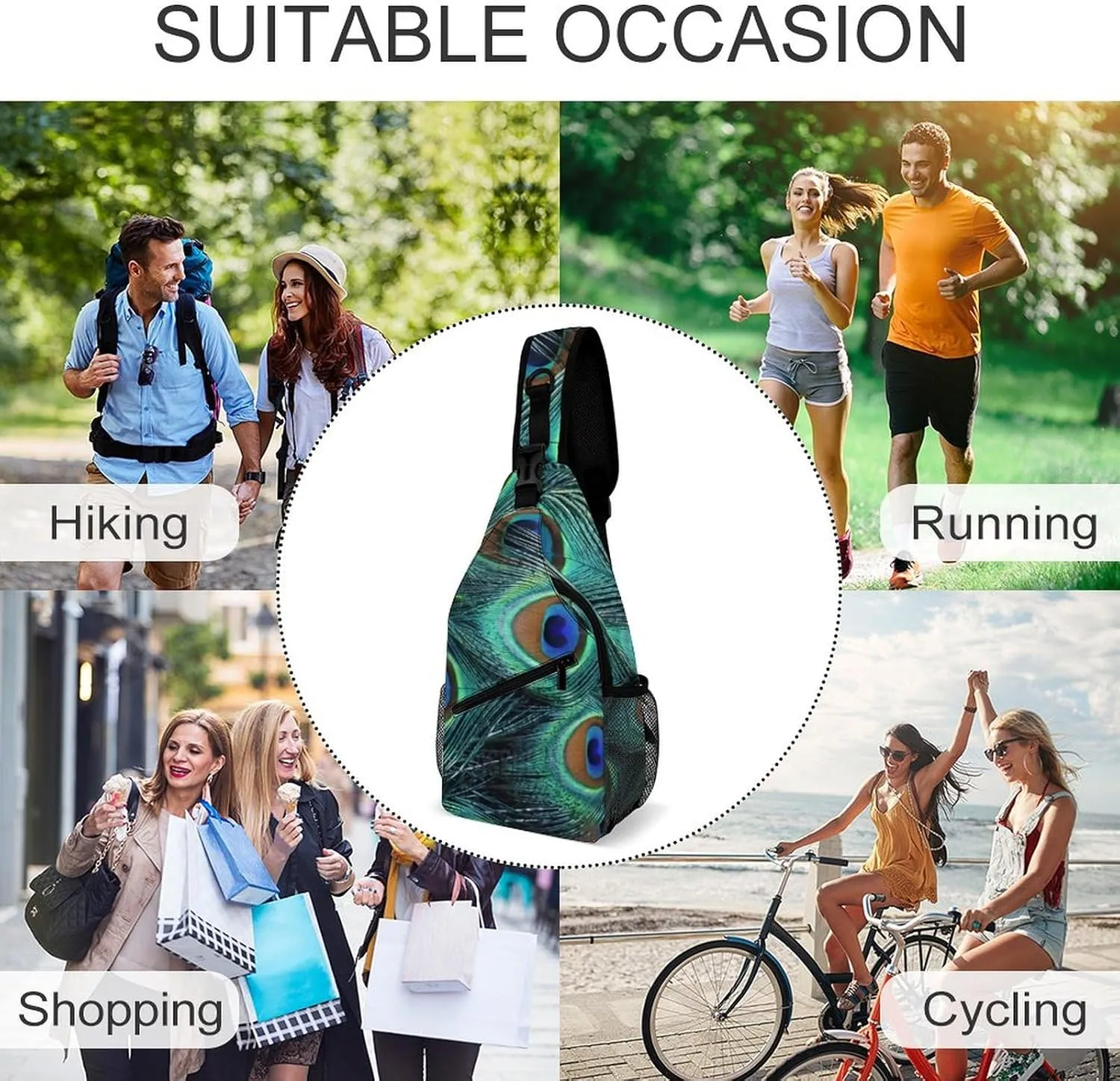 Peacock Feather A Spacious And Large Capacity Portable Adjustable Chest Bag