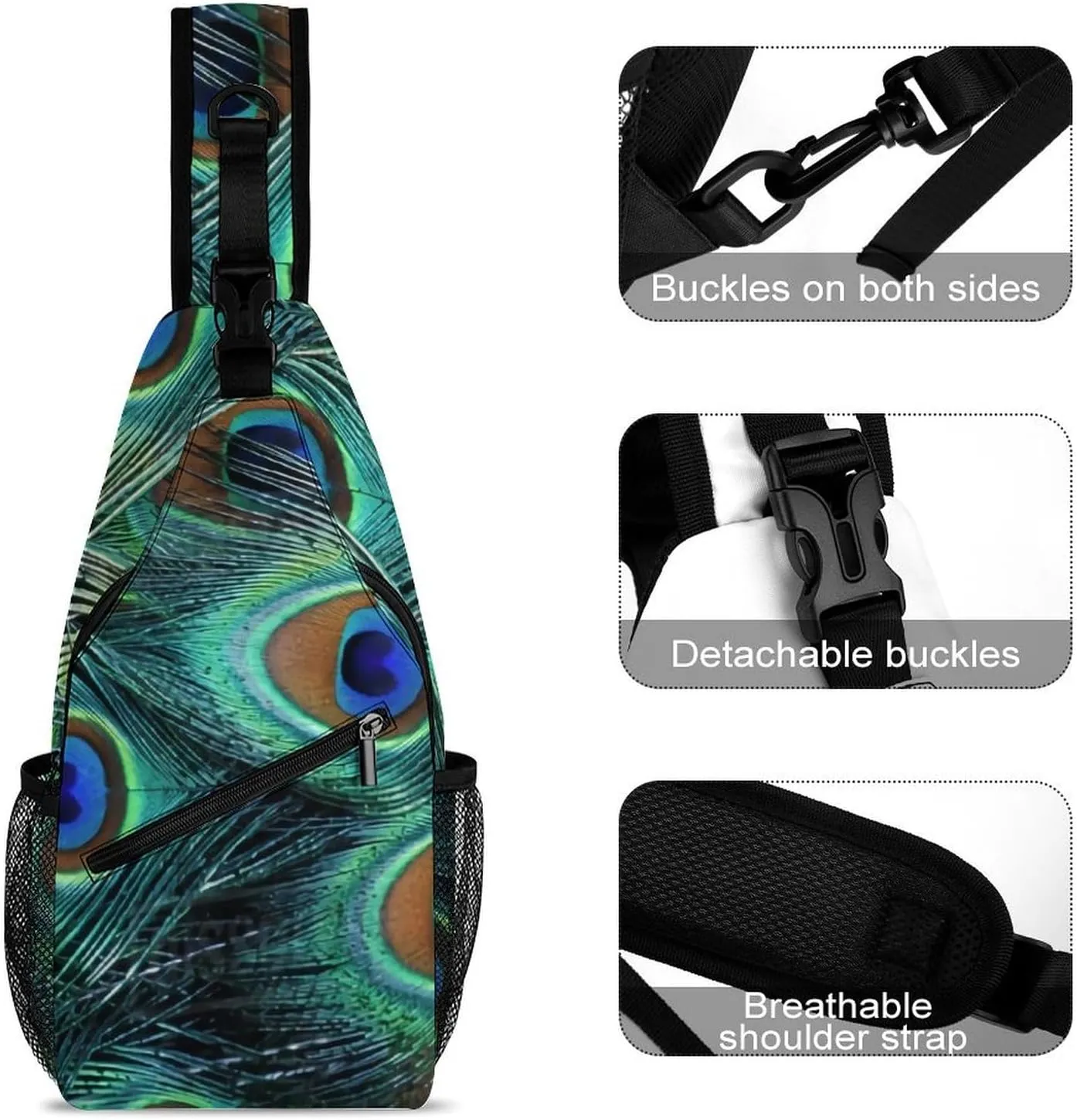Peacock Feather A Spacious And Large Capacity Portable Adjustable Chest Bag