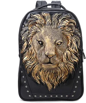 Personalized 3D Lion PU Leather Casual Laptop Backpack for Men Durable Travel Daypack (Gold color)