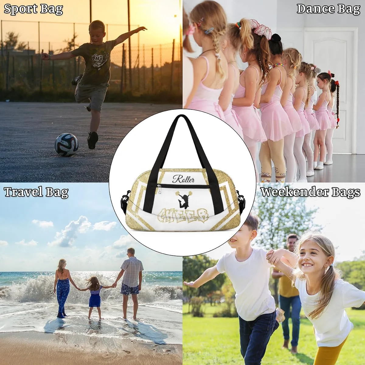 Personalized Cheerleader Bag for Girls Kids, Custom Dance Bag Overnight Small Duffel Bag Carry On Weekend Sports Travel Bag for School Practice Gymnastics Ballet, Cheer Gold Glitter