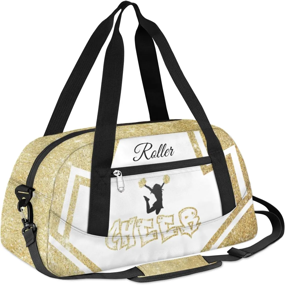 Personalized Cheerleader Bag for Girls Kids, Custom Dance Bag Overnight Small Duffel Bag Carry On Weekend Sports Travel Bag for School Practice Gymnastics Ballet, Cheer Gold Glitter