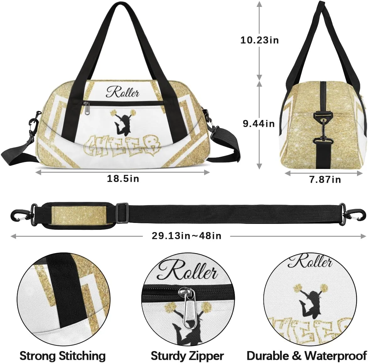 Personalized Cheerleader Bag for Girls Kids, Custom Dance Bag Overnight Small Duffel Bag Carry On Weekend Sports Travel Bag for School Practice Gymnastics Ballet, Cheer Gold Glitter