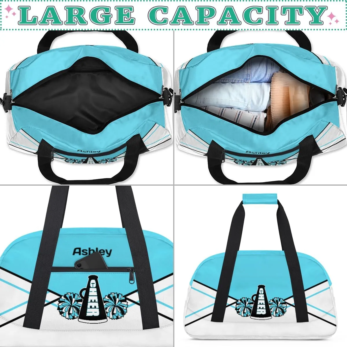 Personalized Cheerleader Bag for Girls Kids, Custom Gym Bag Overnight Small Duffel Bag with Padded Handles Carry On Weekend Sports Travel Bag for School Practice, Cheerleader Cyan White