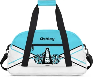 Personalized Cheerleader Bag for Girls Kids, Custom Gym Bag Overnight Small Duffel Bag with Padded Handles Carry On Weekend Sports Travel Bag for School Practice, Cheerleader Cyan White