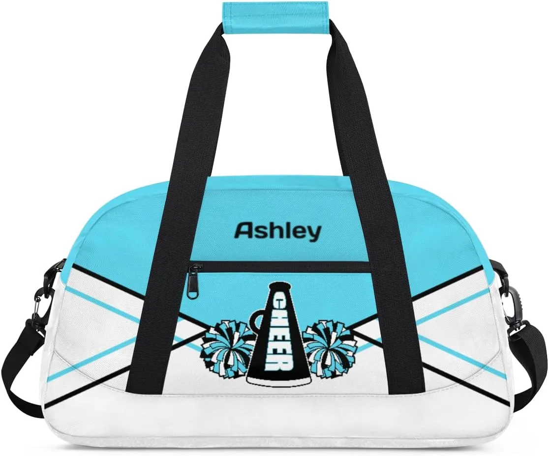 Personalized Cheerleader Bag for Girls Kids, Custom Gym Bag Overnight Small Duffel Bag with Padded Handles Carry On Weekend Sports Travel Bag for School Practice, Cheerleader Cyan White