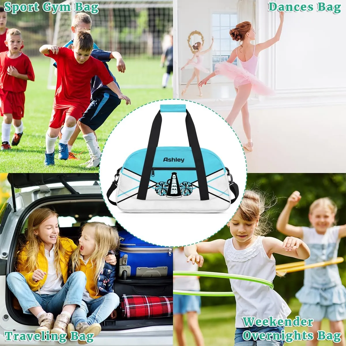 Personalized Cheerleader Bag for Girls Kids, Custom Gym Bag Overnight Small Duffel Bag with Padded Handles Carry On Weekend Sports Travel Bag for School Practice, Cheerleader Cyan White