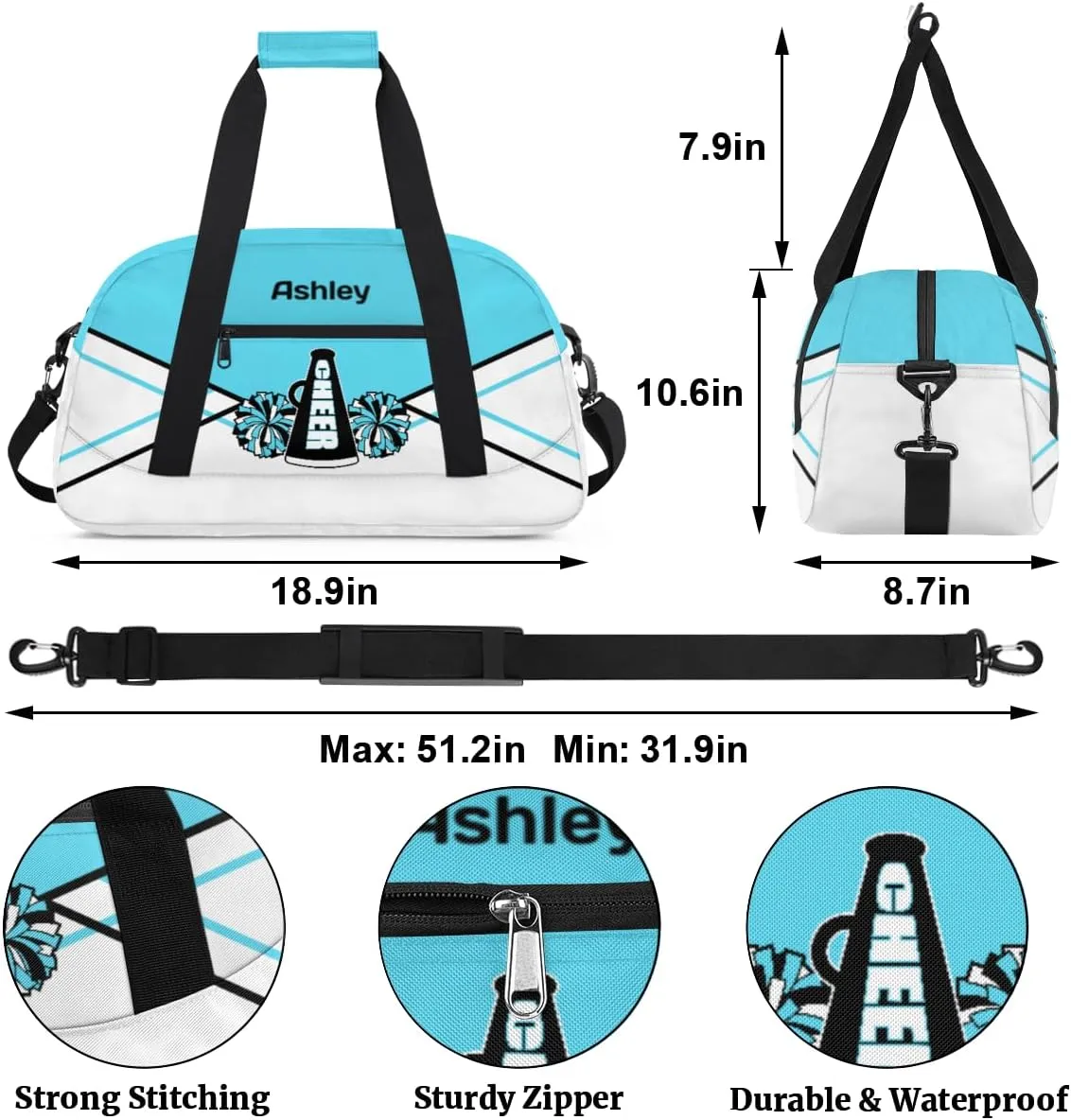 Personalized Cheerleader Bag for Girls Kids, Custom Gym Bag Overnight Small Duffel Bag with Padded Handles Carry On Weekend Sports Travel Bag for School Practice, Cheerleader Cyan White