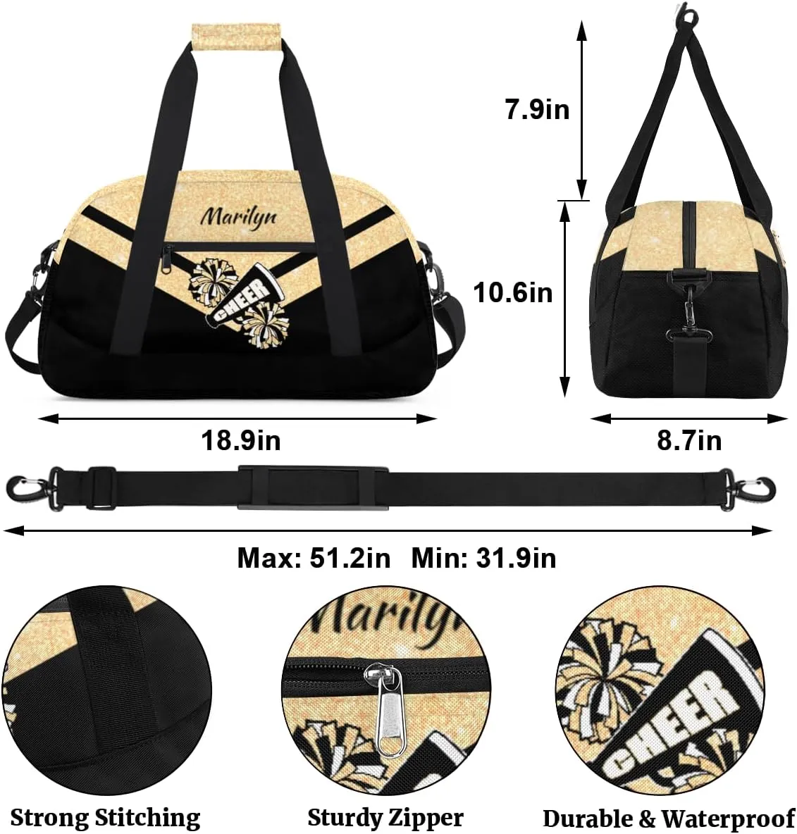 Personalized Cheerleader Bag for Girls Kids, Custom Gym Bag Overnight Small Duffel Bag with Padded Handles Carry On Weekend Sports Travel Bag for School Practice, Cheerleader Glitter Yellow