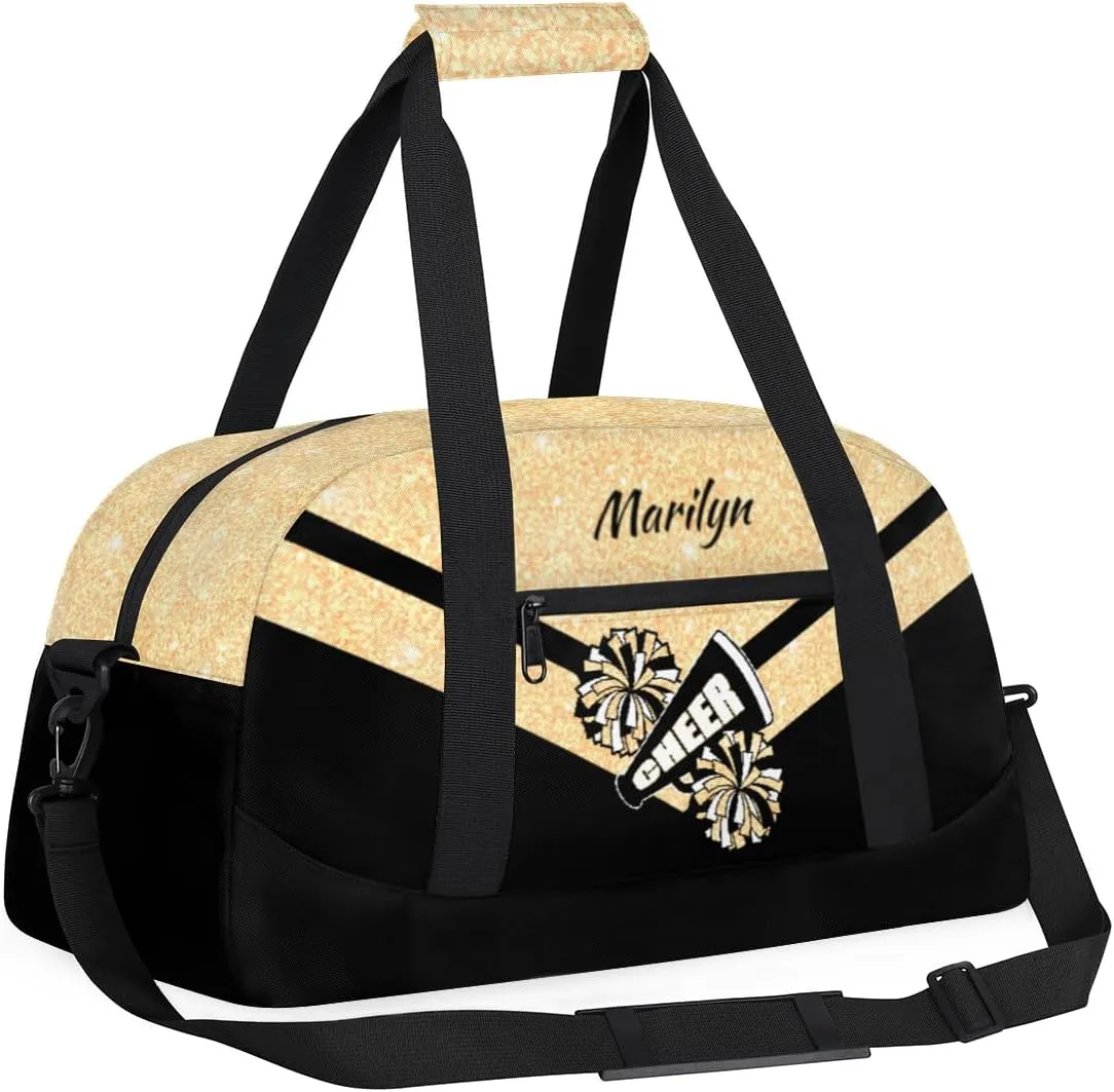 Personalized Cheerleader Bag for Girls Kids, Custom Gym Bag Overnight Small Duffel Bag with Padded Handles Carry On Weekend Sports Travel Bag for School Practice, Cheerleader Glitter Yellow