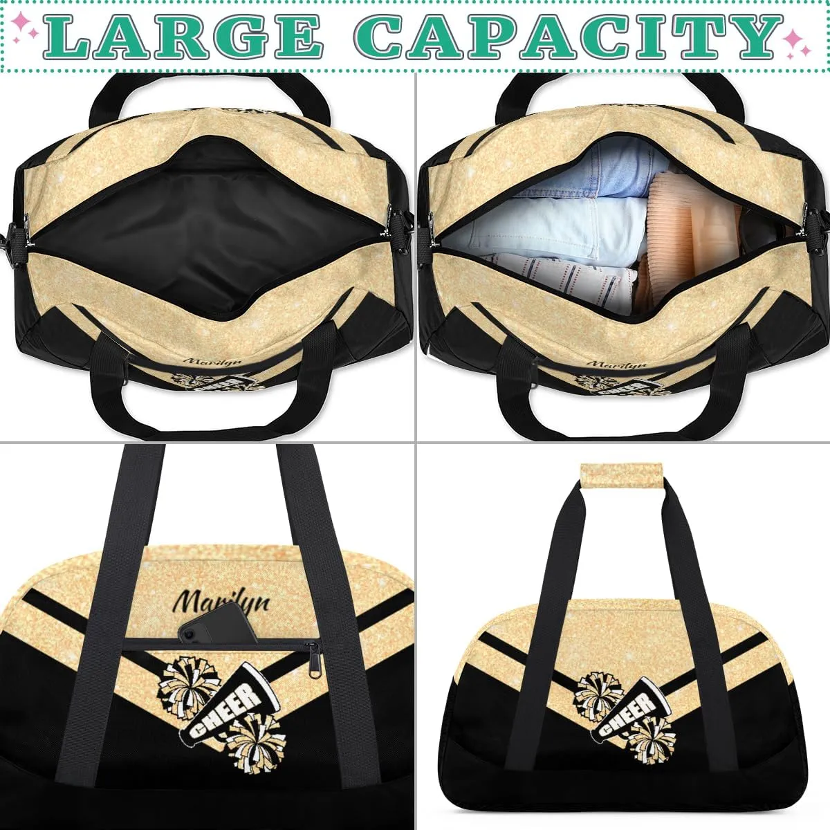 Personalized Cheerleader Bag for Girls Kids, Custom Gym Bag Overnight Small Duffel Bag with Padded Handles Carry On Weekend Sports Travel Bag for School Practice, Cheerleader Glitter Yellow