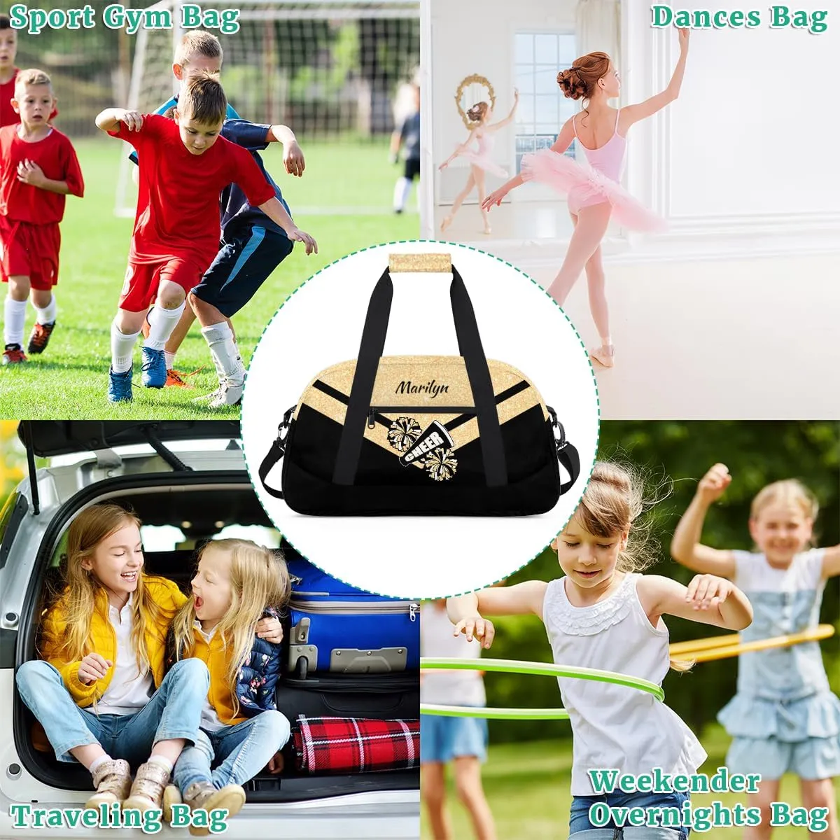 Personalized Cheerleader Bag for Girls Kids, Custom Gym Bag Overnight Small Duffel Bag with Padded Handles Carry On Weekend Sports Travel Bag for School Practice, Cheerleader Glitter Yellow