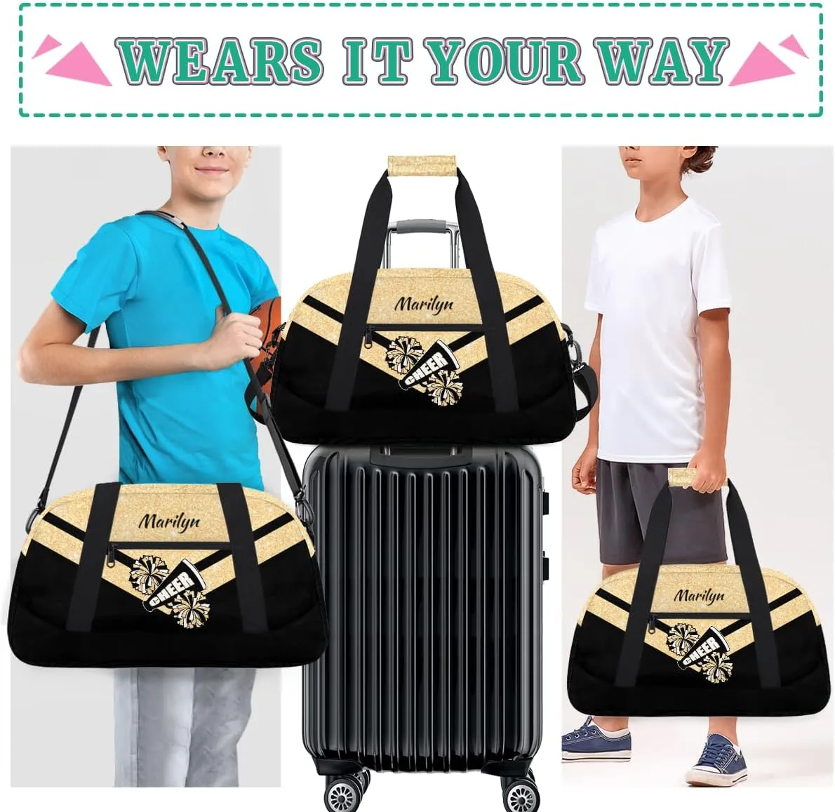 Personalized Cheerleader Bag for Girls Kids, Custom Gym Bag Overnight Small Duffel Bag with Padded Handles Carry On Weekend Sports Travel Bag for School Practice, Cheerleader Glitter Yellow