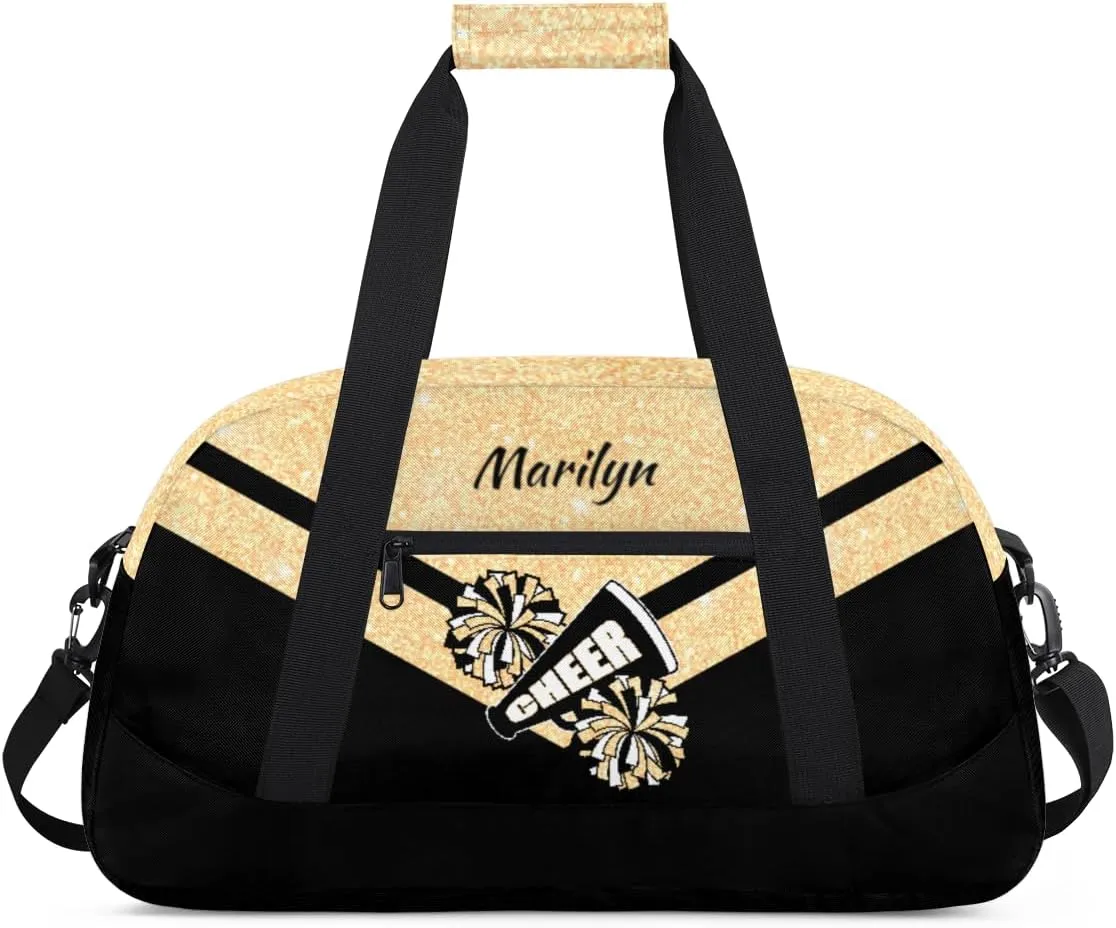 Personalized Cheerleader Bag for Girls Kids, Custom Gym Bag Overnight Small Duffel Bag with Padded Handles Carry On Weekend Sports Travel Bag for School Practice, Cheerleader Glitter Yellow