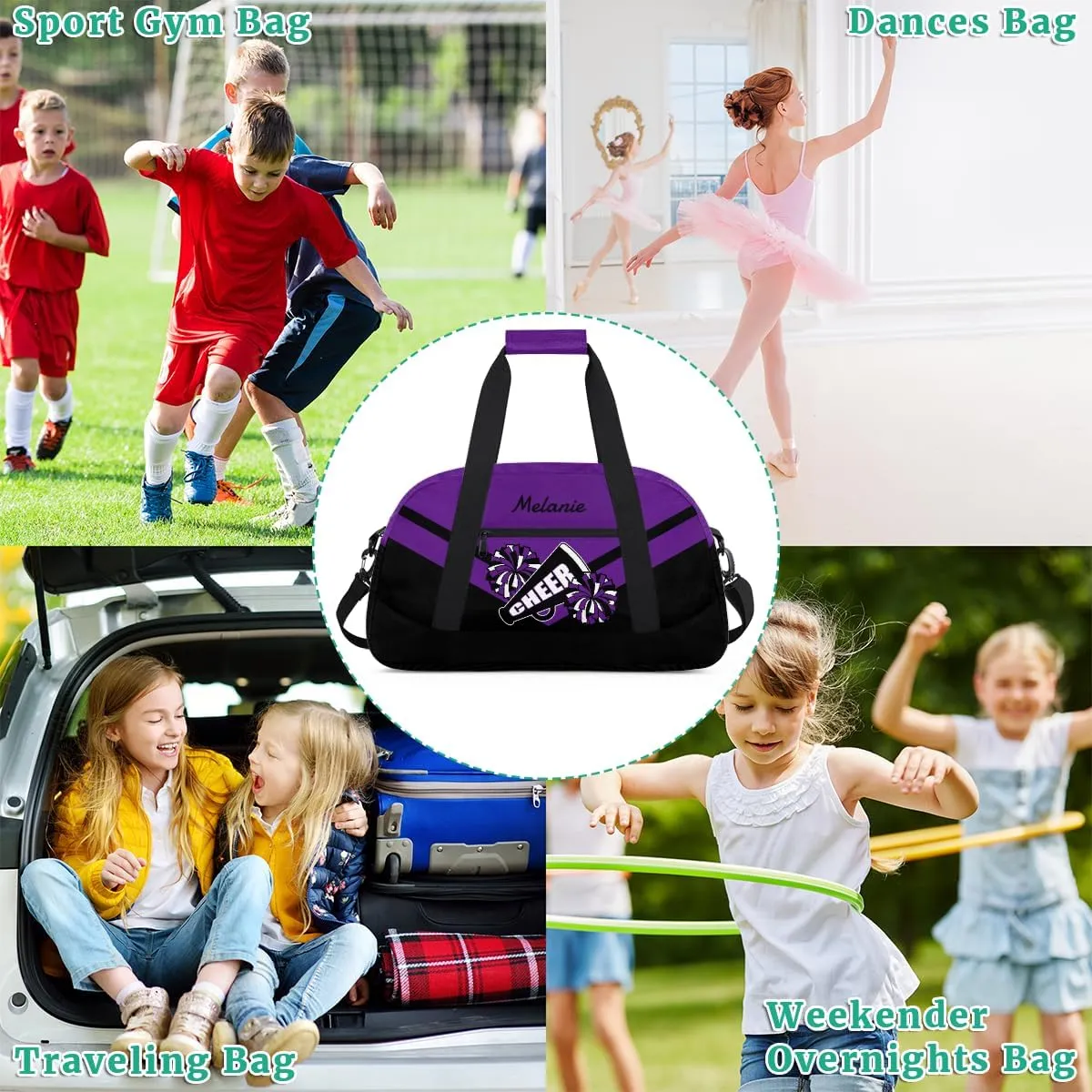 Personalized Cheerleader Bag for Girls Kids, Custom Gym Bag Overnight Small Duffel Bag with Padded Handles Carry On Weekend Sports Travel Bag for School Practice, Cheerleader Purple