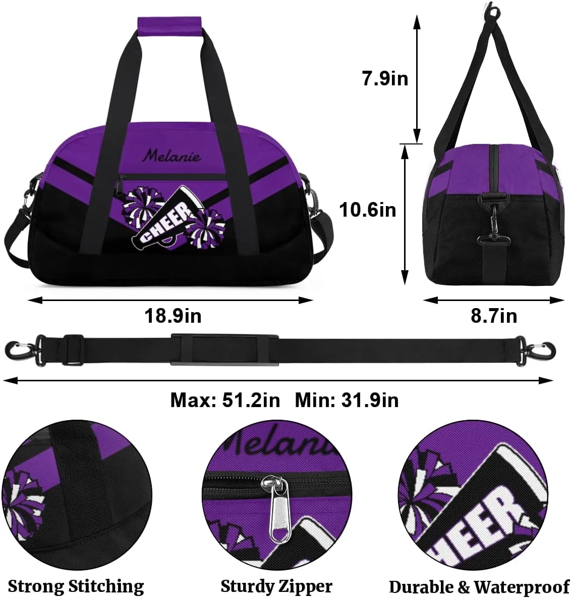 Personalized Cheerleader Bag for Girls Kids, Custom Gym Bag Overnight Small Duffel Bag with Padded Handles Carry On Weekend Sports Travel Bag for School Practice, Cheerleader Purple