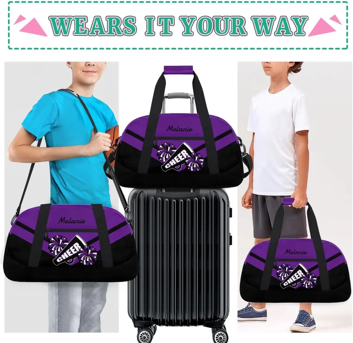 Personalized Cheerleader Bag for Girls Kids, Custom Gym Bag Overnight Small Duffel Bag with Padded Handles Carry On Weekend Sports Travel Bag for School Practice, Cheerleader Purple