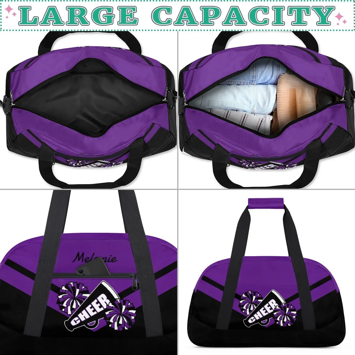 Personalized Cheerleader Bag for Girls Kids, Custom Gym Bag Overnight Small Duffel Bag with Padded Handles Carry On Weekend Sports Travel Bag for School Practice, Cheerleader Purple