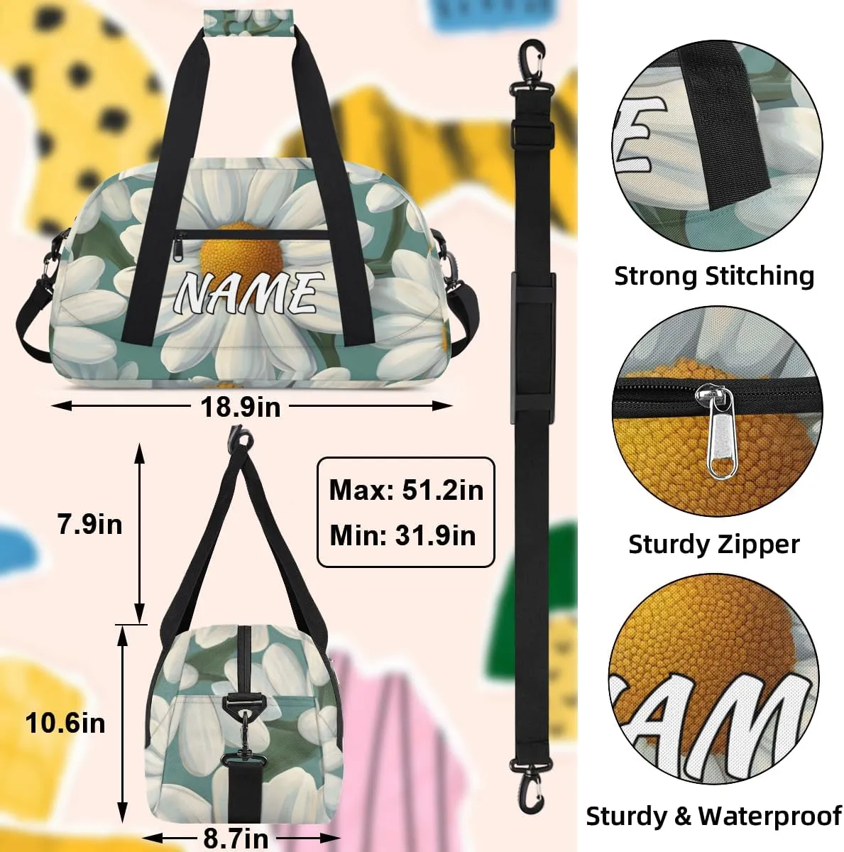 Personalized Custom Gym Bag for Women Men Carry on Daisies Flowers Travel Duffel Tote Minimalist Floral Overnight Workout Weekender Bag