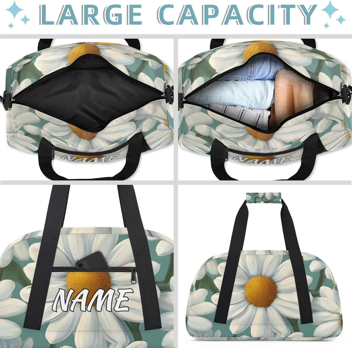 Personalized Custom Gym Bag for Women Men Carry on Daisies Flowers Travel Duffel Tote Minimalist Floral Overnight Workout Weekender Bag