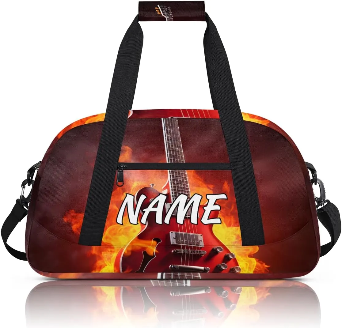 Personalized Custom Gym Bag for Women Men Carry on Flame Guitar Travel Duffel Tote Burning Musical Overnight Workout Weekender Bag