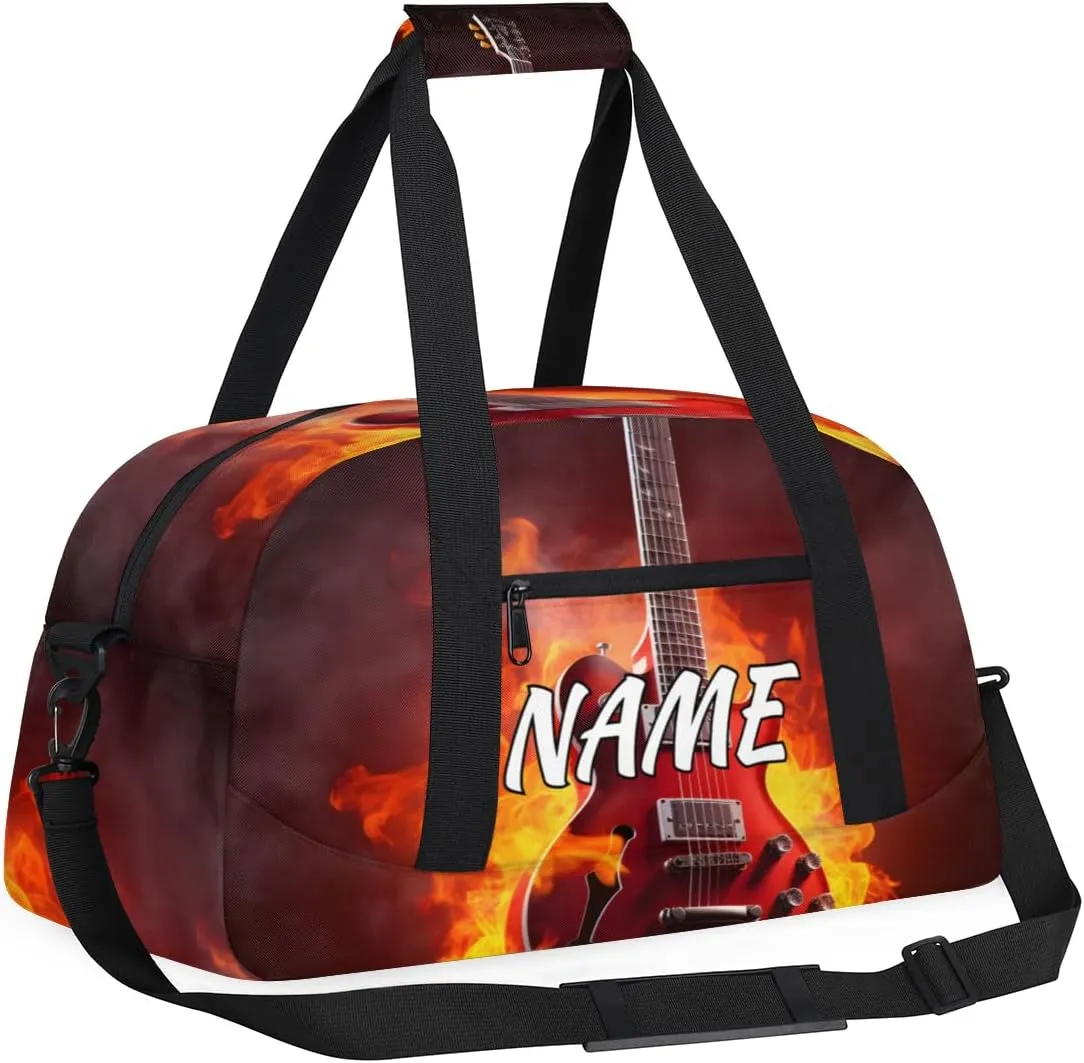Personalized Custom Gym Bag for Women Men Carry on Flame Guitar Travel Duffel Tote Burning Musical Overnight Workout Weekender Bag