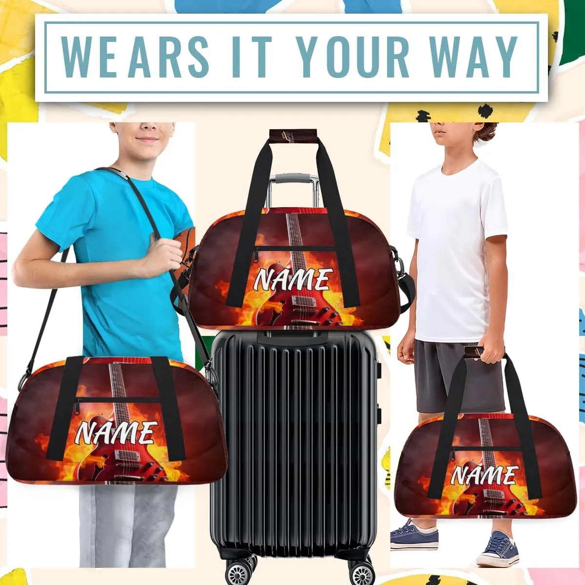 Personalized Custom Gym Bag for Women Men Carry on Flame Guitar Travel Duffel Tote Burning Musical Overnight Workout Weekender Bag