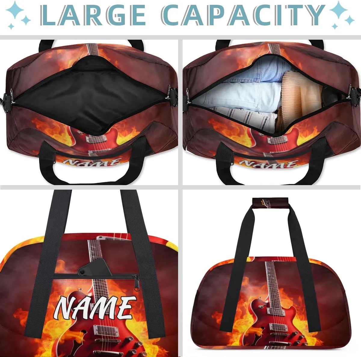 Personalized Custom Gym Bag for Women Men Carry on Flame Guitar Travel Duffel Tote Burning Musical Overnight Workout Weekender Bag