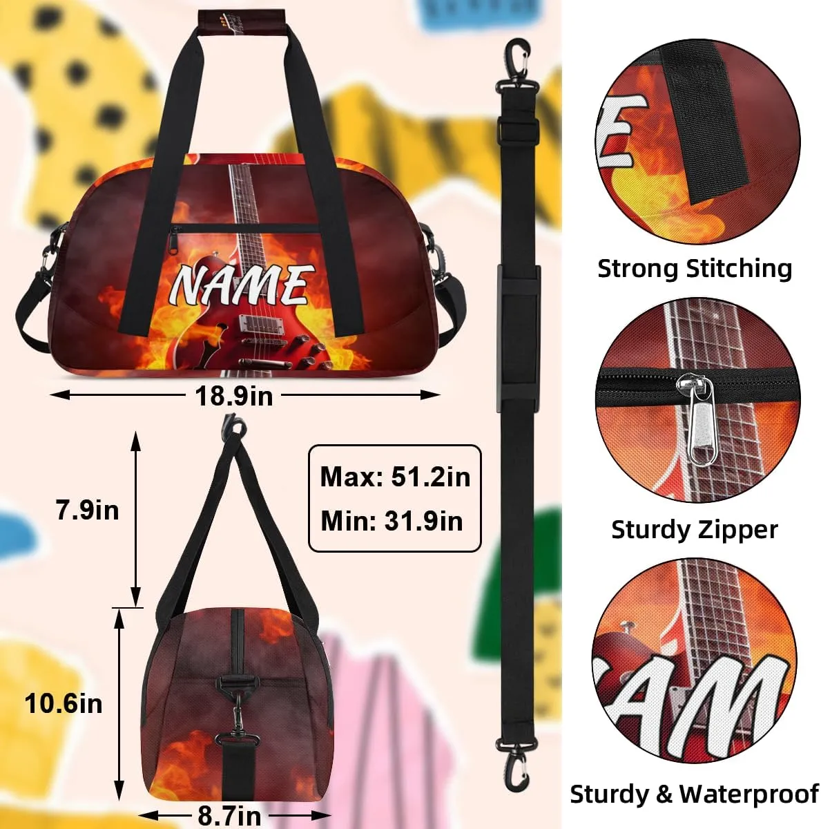 Personalized Custom Gym Bag for Women Men Carry on Flame Guitar Travel Duffel Tote Burning Musical Overnight Workout Weekender Bag