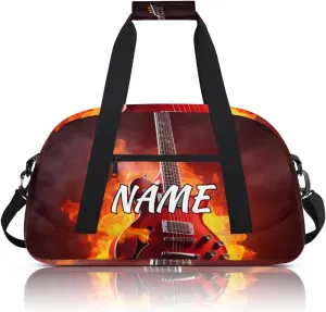Personalized Custom Gym Bag for Women Men Carry on Flame Guitar Travel Duffel Tote Burning Musical Overnight Workout Weekender Bag