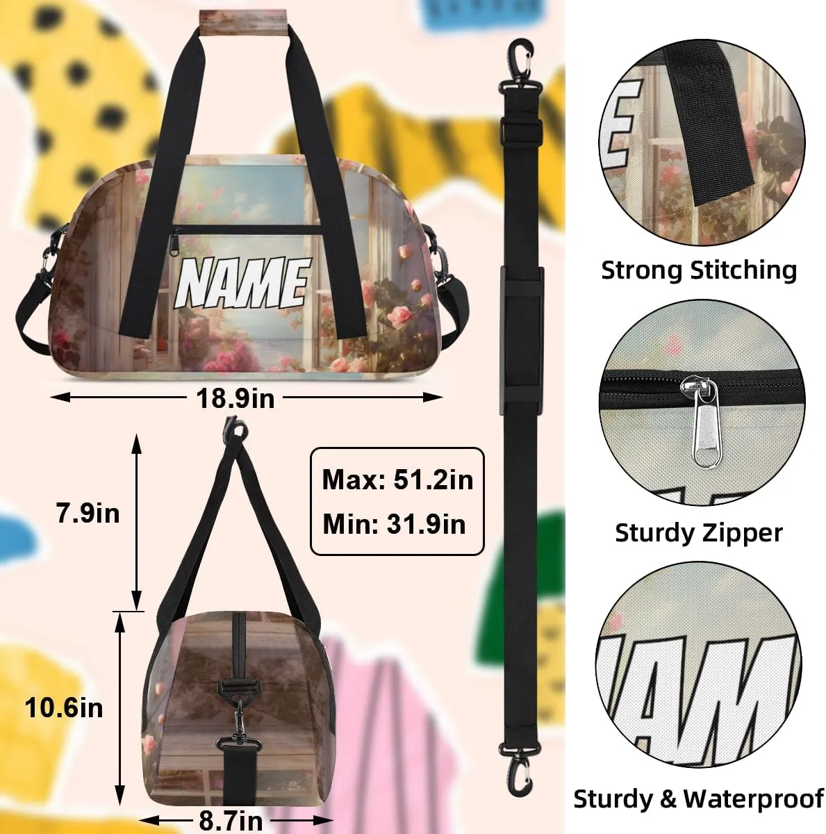 Personalized Custom Gym Bag for Women Men Carry on Flower Window Travel Duffel Tote Spring Nature Overnight Workout Weekender Bag